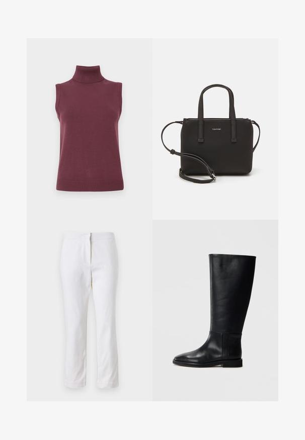 Bežinis be rankovių burgundiškas megztinis su įraudonojusių apykakle, rankovių angomis ir apdaila, pristatytas baltame fone.; Balti medvilniniai kelnių su tiesiu kojų dizainu, turintys vidutinį liemenį ir be matomų detalių ar raštų. Lygi tekstūra visame paviršiuje.; Juodos odinės kelio ilgio boot'ai su apvaliu pirštu, lygia tekstūra, minimalistiniu dizainu ir plokščiu padu. Paprasti siuvinėjimo detalės ant šonu.; Juoda rankinė su dviem trumpais rankenėlėmis ir nuimamu petį. Lygaus odos tipo medžiaga su užtrauktuku ir logotipo detale.