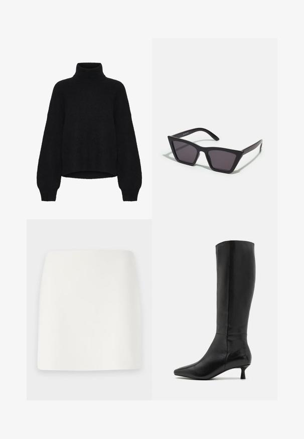Schwarzer Rollkragenpullover mit einem verkürzten Design, aus flauschigem Material gefertigt. Mit weiten Ärmeln und einer gerippten Textur am Kragen.; Weißer, taillierter Minirock mit glatter Textur und klaren Linien. Keine sichtbaren Muster oder Beschläge. Gerader Saum am unteren Ende.; Zign Stiefel - black; Schwarze, eckige Sonnenbrille mit grauen Gläsern; aus Kunststoff gefertigt, mit dicken Bügeln, die eine glatte Oberfläche und keine sichtbaren Beschläge haben.; Schwarze Wildleder-Clutch mit einem Reißverschluss und abnehmbarem Handgelenkband. Verfügt über goldfarbene Hardware und eine glatte, matte Oberfläche.