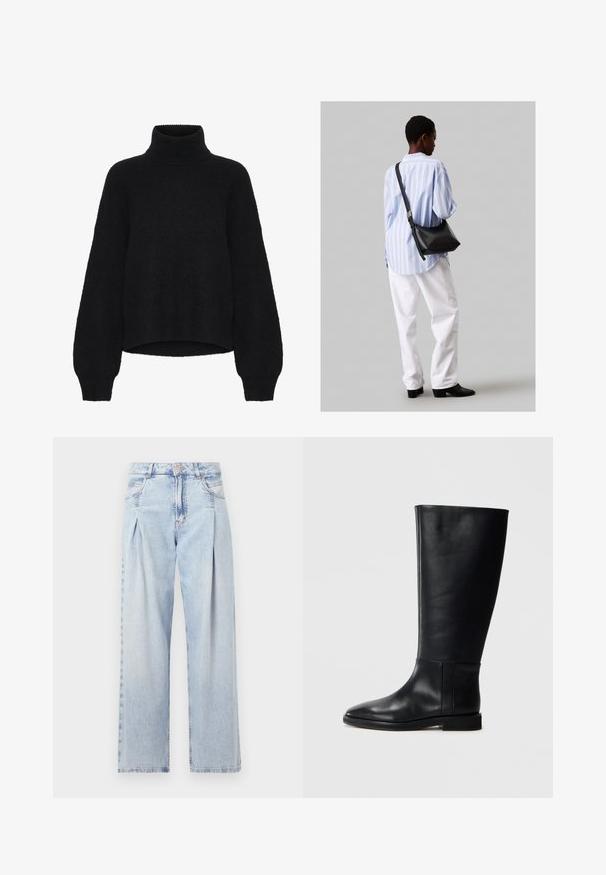 Czarny sweter z golfem o krótkim kroju, wykonany z puszystego materiału. Posiada szerokie rękawy i prążkowaną fakturę przy kołnierzu.; Jasnoniebieskie dżinsy z wysokim stanem, szerokimi nogawkami, dwoma bocznymi kieszeniami oraz plisowanym wzorem. Miękka tekstura z wyblakłym wykończeniem.; Czarne skórzane kozaki za kolano z zaokrąglonym noskiem, gładką teksturą, minimalistycznym designem i płaską podeszwą. Proste detale szwów na cholewie.; Czarna skórzana torba na ramię o miękkiej fakturze, w kształcie trójkąta, z regulowanym paskiem, połączona z jasnoniebieską koszulą w paski i białymi spodniami.