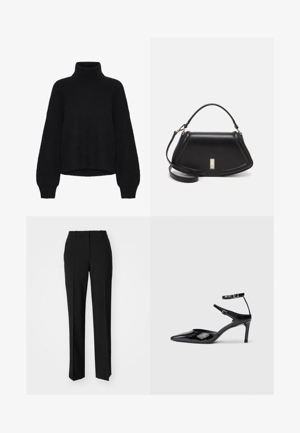 Schwarzer Rollkragenpullover mit einem verkürzten Design, aus flauschigem Material gefertigt. Mit weiten Ärmeln und einer gerippten Textur am Kragen.; Schwarze, taillierte Hose mit geradem Bein, aus einem glatten Stoff und mit klaren Falten an der Vorderseite. Keine sichtbare Hardware.; Schwarze Lacklederabsätze mit spitzer Zehenpartie, verstellbaren Knöchelriemen und einem schlanken Absatz. Glatte Textur mit glänzender Oberfläche.; Schwarze Lederhandtasche mit einem strukturierten Design, das eine verkürzte Form, einen oberen Griff und goldfarbene Hardware-Details aufweist. Verstellbarer Schulterriemen ist enthalten.