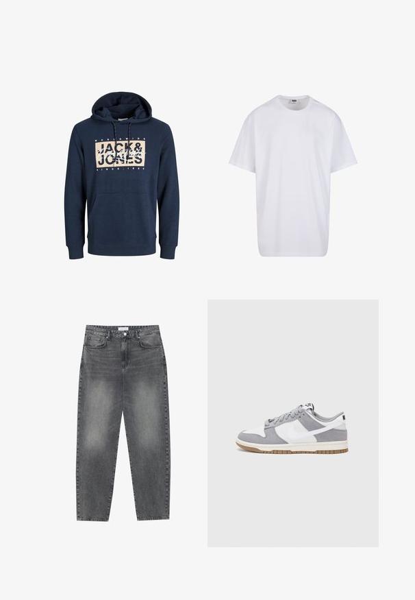 Sötétkék kapucnis pulóver pamut keverékből, elöl kenguruzsebbel, húzózsinórral ellátott kapucnival, és nyomtatott logóval a mellkasán.; Fehér pamut póló rövid ujjal, kerek nyakú, laza szabású, és nincsenek látható logók vagy minták. Simább textúra és minimalista dizájn.; Magasan szabott, bővebb szabású farmernadrág fakó fekete denim anyagban. Öt zsebbel, övhurkokkal és tiszta, egyenes lábszár dizájnnal rendelkezik.; Szürke és fehér sportcipő, velúr és bőr felsőrésszel, kerek orral, lapos fűzőkkel és gumitalppal, amelyen rágógumi színű díszítés található.