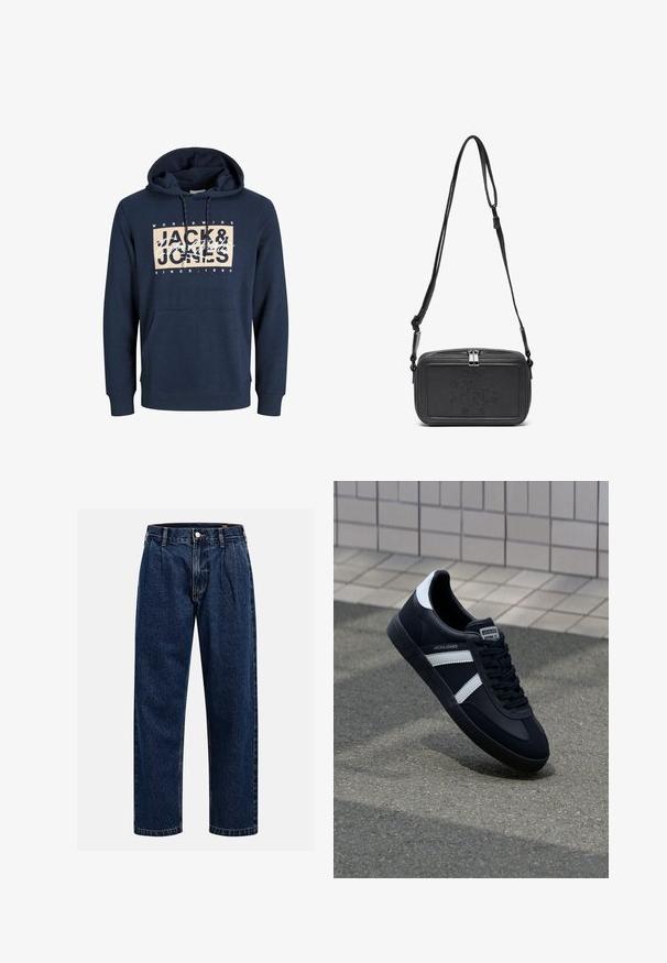 Tamsiai mėlyna dėvima hoodija, pagaminta iš medvilnės mišinio, su priekiniais kengūros tipo kišenėmis, su raišteliu reguliuojama kapuce ir atspauduotu logotipu ant krūtinės.; Tamsiai mėlynos džinsinės kelnės su tiesiu sijonu. Savybė - matoma siūlė, mygtuko uždarymas ir priekinei daliai raukiniai, suteikiantys papildomą detales.; Juodas odinis sportinis batelis su baltais dryžiais, tekstūruota gumine padais ir raišteliais priekyje. Yra prekės ženklą žymintis etiketė ant liežuvio.; Juodas odinis per petį nešiojamas krepšys su užtrauktuku, iškilniu logotipu priekyje ir reguliuojama dirželiu. Lygus paviršius, stačiakampio formos.