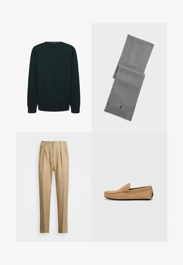 Maglione lungo verde scuro a maniche lunghe con collo a girocollo e polsini e orlo a costine, esposto su uno sfondo bianco.; Pantaloni in lino beige con taglio dritto, dotati di due pince anteriori, chiusura con bottone e tasche laterali. Tessuto testurizzato con una finitura liscia.; Mocassino in suede beige con punta cucita, design slip-on e suola in gomma nera. Presenta un marchio discreto sul lato.; Polo Ralph Lauren SIGNATURE PONY WOOL SCARF - Sciarpa - fawn grey heather