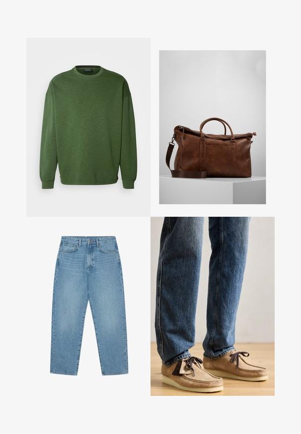 Grøn sweatshirt med rund halsudskæring, løst fit og lange ærmer. Fremstillet af et struktureret materiale med ribbede manchetter og kant.; Brun og hvid stribet T-shirt med rund hals, korte ærmer og ribbet tekstur. Etiketten er synlig ved halsudskæringen.; Lys blå denim wide-leg jeans med høj talje, der har fem lommer, bæltestropper og en blød, let falmet tekstur.; Suedemokasiner i tan med mørkebrune accenter, rund tå og blød hvid sål. Har snøre-design og syede detaljer.; Brun læder gymtaske med lynlåslukning, dobbelte håndtag, justerbar skulderrem og synlige teksturmønstre på overfladen.