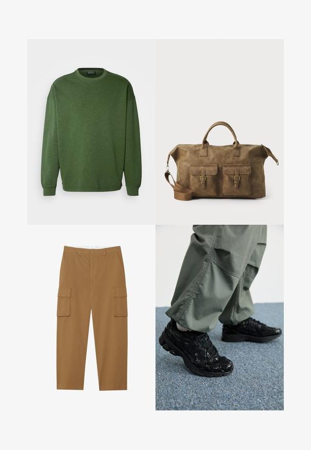 Zaļš sudraba krekls ar apaļu apkakli, brīvu piegriezumu un garām piedurknēm. Izgatavots no teksturēta auduma ar ribota piegriezuma piedurknēm un apakšmalu.; Ceri brūni cargo bikses ar divām sānu kabatām, plakanu priekšpusi un taisnu kāju griezumu. Izgatavotas no izturīgas auduma ar gludu tekstūru.; Melni sporta apavi ar spīdīgu un sieta tekstūru, ar biezu zoli un auklām, kombinēti ar brīvām olīvzaļām kravas biksēm.; Brūns ādas ceļojumu soma ar diviem priekšējiem kabatām, regulējamu plecu siksnu, zelta detaļām un stingrām augšējām rokturiem. Gluda tekstūra.