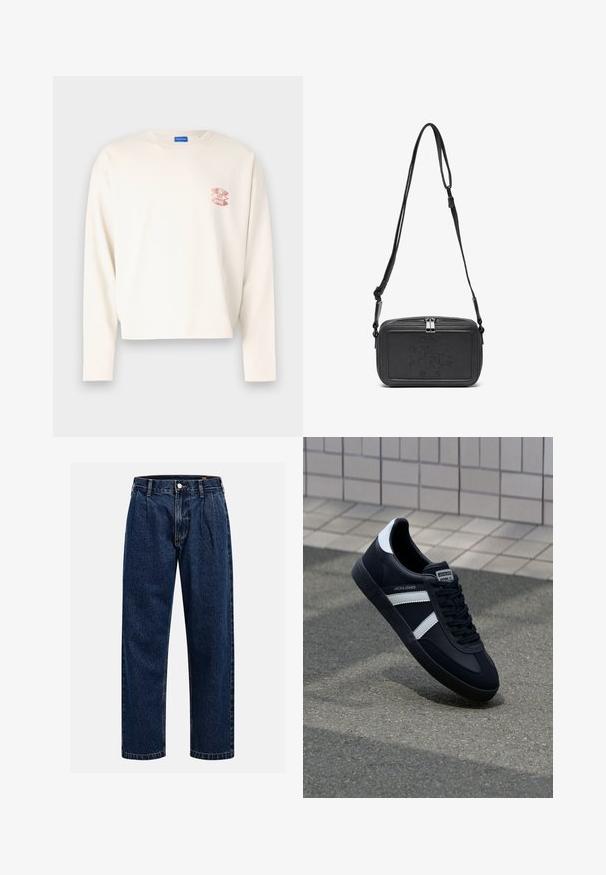Krémové tričko s dlouhým rukávem z bavlny s krátkým střihem, s růžovým grafickým logem na levém hrudníku a klasickým kulatým výstřihem.; Tmavě modré džíny s rovnými nohavicemi. Mají viditelné švy, zapínání na knoflík a přední záhyby pro zvýraznění detailu.; Černé kožené tenisky s bílými pruhy, texturovanou gumovou podrážkou a šněrováním vpředu. Obsahují značenou etiketu na jazyku.; Černá kožená taška přes rameno s uzávěrem na zip, vyraženým logem na přední straně a nastavitelným popruhem. Hladký povrch s obdélníkovým tvarem.