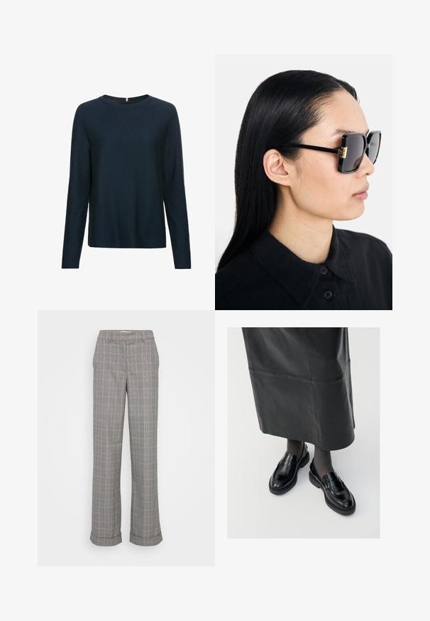 Marineblaues Langarmpullover aus geripptem Material. Verfügt über einen Rundhalsausschnitt und einen geraden Saum. Weiche Textur.; Grau karierte Hose mit lässiger Passform, weitem Bein, dezenten blauen Akzenten und umgeschlagenem Saum. Hergestellt aus einem strukturierten Stoff.; Schwarze Lederloafers mit glatter Oberfläche, verziert mit einem dekorativen Riemen, runder Zehenpartie und texturierten Sohlen. Getragen mit einem langen schwarzen Lederrock.; Tory Burch Sonnenbrille - black/dark grey; Schwarze gesteppte Lederhandtasche mit einem silbernen Kettenhenkel, die ein strukturiertes Design und eine glatte Textur aufweist.