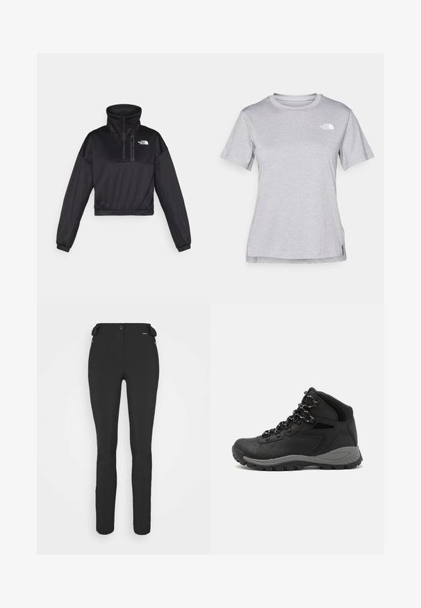 Svart cropped hettegenser med høy krage, halv glidelås, ribbede detaljer og The North Face-logo på brystet. Laget av glatt stoff.; Grå kortermet t-skjorte laget av myk, fukttransporterende stoff. Har en rund hals og en liten hvit logo på øvre venstre side.; Svart, tettsittende bukser laget av et fleksibelt materiale. Funksjoner inkluderer en glidelåslukket sidelomme, artikulerte knær og en glatt tekstur.; Sorte turstøvler med mid-topp design, som har en teksturert overdel, grå detaljer og slitesterk gummisåle med godt grep.