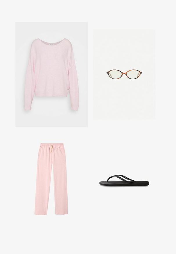 Světle růžový pletený svetr s volným střihem, širokým výstřihem a dlouhými rukávy. Má měkkou strukturu a žebrovaný lem.; Svetle růžové bavlněné kalhoty na volný čas s volným střihem, elastickým pasem a detaily na šňůrku. Hladká textura, celoprůhledný design.; Černé žabky s texturovanou gumovou podrážkou, dvěma štíhlými popruhy a jemným, embosovaným logem na popruhu.; Želvovinové brýle s oválnými čočkami a hladkým, jemným povrchem. Má tenké bočnice s jemným zakřivením v chrámcích. Čiré čočky.