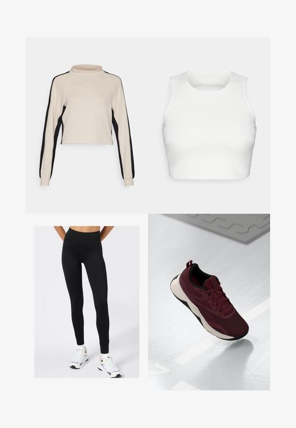 ONLY Play ONPKAM LIFE SHORT - Sweater - pumice stone/black; Witte mouwloze crop top van gladde stof, met een ronde halslijn en een open rugontwerp, voorzien van nette stiksels langs de randen.; Zwarte hoge taille legging van rekbaar materiaal, met een gladde textuur en subtiele logo-details, gecombineerd met witte sportschoenen.; Bordeaux sportieve schoen met een bovenwerk van mesh, zwarte accenten en een gewatteerde witte zool. Voorzien van een vetersluiting en een trekband aan de hiel.