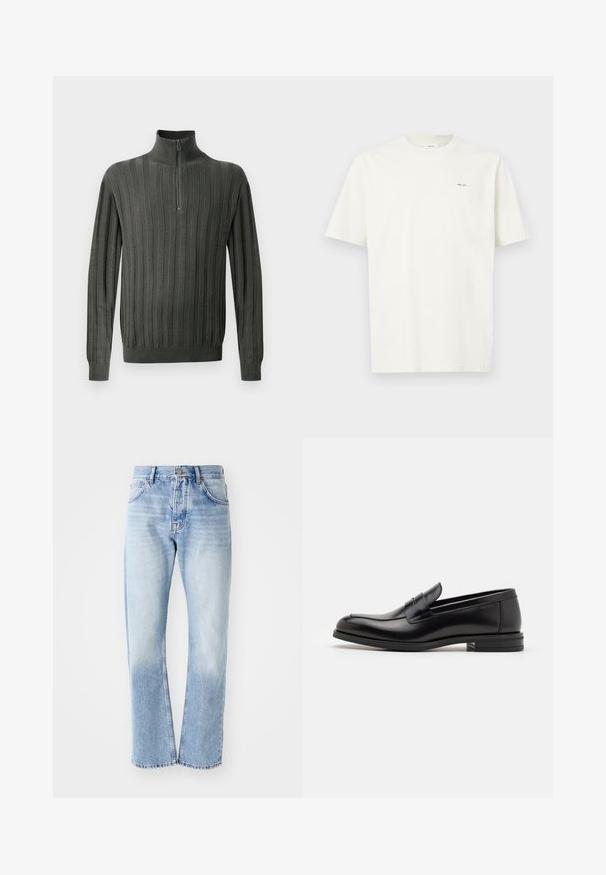 Dunkelgrüner Strickpullover mit einem halben Reißverschluss-Kragen, der vertikalen Rippstruktur und eng anliegenden Bündchen. Weicher Stoff, lässiges Design.; Ein schlichtes weißes T-Shirt mit kurzen Ärmeln und einem kleinen schwarzen "NN. 07"-Schriftzug auf der linken Brust vor einem hellen Hintergrund.; Helle blaue Jeans mit geradem Schnitt. Verfügt über ein Fünf-Taschen-Design, einen Knopfverschluss und eine ausgewaschene Textur zum unteren Bereich hin.; Schwarze Lederloafers mit glatter Textur, rundem Zehenbereich und einem dekorativen Riemen über dem Vorderfuß. Niedriger, gestapelter Absatz, minimalistisches Design.