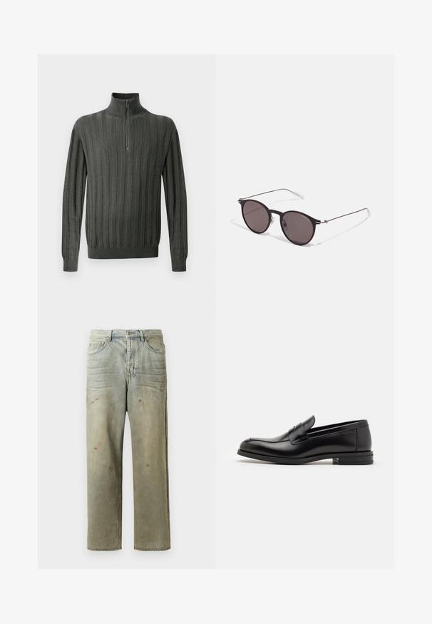 Dark green knit sweater with a half-zip collar, featuring vertical ribbed texture and fitted cuffs. Soft fabric, casual design.; Distressed denim jeans in light green, featuring a straight leg, five-pocket design, and uneven fading with paint splatters.; Black leather loafers with a smooth texture, rounded toe, and a decorative strap across the vamp. Low stacked heel, minimalist design.; Black round sunglasses with dark lenses and slim metal arms. Includes clear temple tips and silver accents at the hinge. Minimalist design.