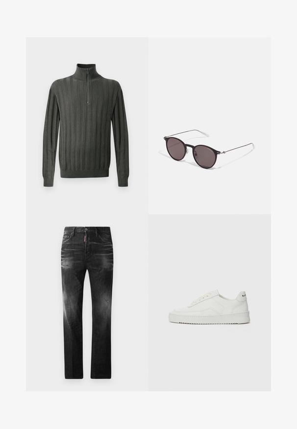 Dark green knit sweater with a half-zip collar, featuring vertical ribbed texture and fitted cuffs. Soft fabric, casual design.; Black denim jeans with a straight fit. Features faded areas, minor distressing, classic five-pocket design, and a button closure.; White leather sneaker with a smooth finish, round toe, flat laces, and a textured sole. Features a subtle logo on the heel.; Black round sunglasses with dark lenses and slim metal arms. Includes clear temple tips and silver accents at the hinge. Minimalist design.