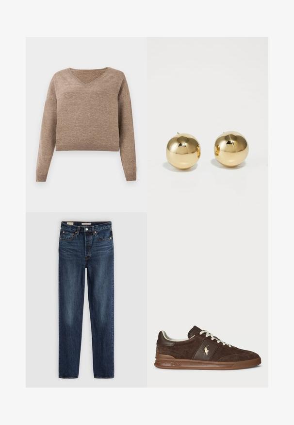 Hellbrauner Strickpullover mit V-Ausschnitt, langen Ärmeln und geripptem Saum. Weiche Textur mit leicht verkürztem Design und ohne sichtbare Muster.; Dunkelblaue gerade geschnittene Jeans mit fünf Taschen, Knopf- und Reißverschluss und kontrastierenden Nähten.; Braune Wildledersneaker mit strukturierten Einsätzen, weißen Schnürsenkeln und einem goldenen Logo. Verfügt über eine Gummisohle und einen gepolsterten Kragen für zusätzlichen Komfort.; Goldene, kugelförmige Steckohrringe mit polierter Oberfläche und kleinem Steg. Sie weisen eine glatte Textur und reflektierende Oberfläche auf.
