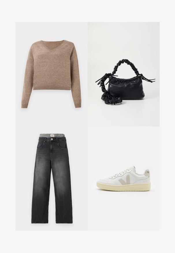 Jasno brązowy sweter z dzianiny z dekoltem w serek, długimi rękawami i prążkowanym dołem. Miękka tekstura z lekko skróconym krojem i bez widocznych wzorów.; Czarne dżinsy o szerokich nogawkach z pasem w wzór houndstooth. Elementy to kieszenie z przodu i zapięcie na guzik. Zniszczona faktura.; Białe skórzane trampki z beżowymi zamszowymi akcentami, perforowanym noskiem, płaskimi sznurowadłami i teksturowaną kremową podeszwą. Posiadają subtelne logo na pięcie.; Czarna torebka z syntetycznej skóry o teksturze krokodyla, z zaciąganym górnym zamknięciem i marszczonym paskiem. Wygląda na miękką i zwartą w designie.