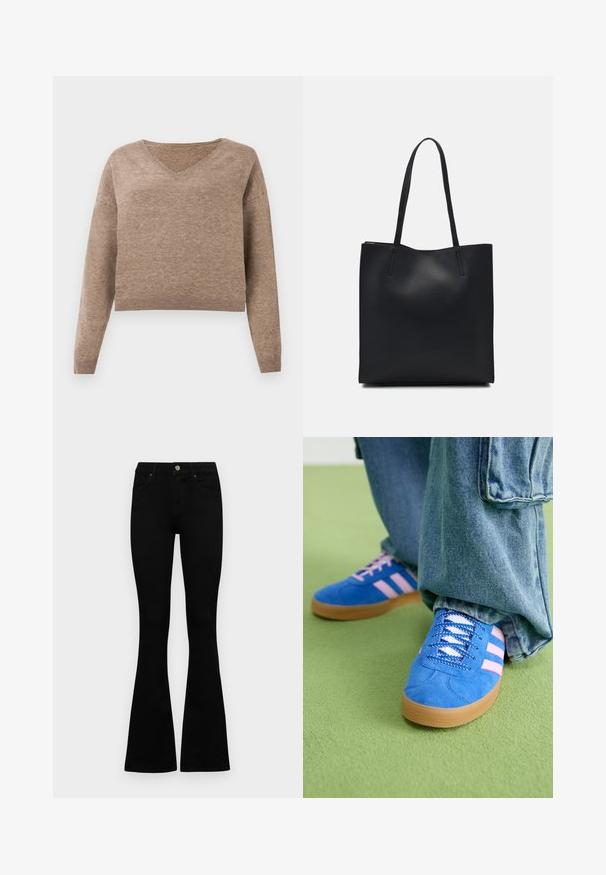 Hellbrauner Strickpullover mit V-Ausschnitt, langen Ärmeln und geripptem Saum. Weiche Textur mit leicht verkürztem Design und ohne sichtbare Muster.; Schwarze hochtaillierte Jeans mit einem Knopf- und Reißverschluss, Fronttaschen und ausgestellten Beinen, flach auf einem weißen Hintergrund ausgelegt.; Blaue Wildlederschuhe mit rosa Streifen und weißen Schnürsenkeln, ausgestattet mit einer Gummisohle, kombiniert mit lockeren Jeanshosen auf einer grünen Fläche.; Schwarze Laptoptasche aus Leder mit glatter Textur, rechteckiger Form und zwei langen Griffen. Keine sichtbaren Beschläge oder Verzierungen.