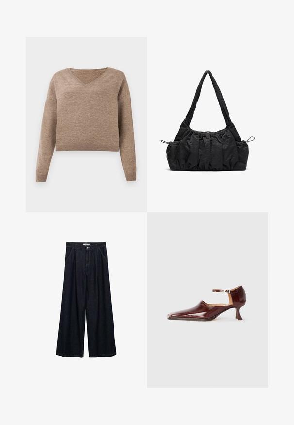 Hellbrauner Strickpullover mit V-Ausschnitt, langen Ärmeln und geripptem Saum. Weiche Textur mit leicht verkürztem Design und ohne sichtbare Muster.; Dunkelblaue, weite High-Waist-Hosen aus Denim mit einem Knopfverschluss vorne, zwei Seitentaschen und Nähdetails.; Burgunderfarbenes Lackleder-Schuhwerk mit einer spitzen Zehe, Knöchelriemen und einem 5 cm hohen, konisch zulaufenden Absatz. Glatte Textur und minimalistisches Design.; Schwarze Stoffhandtasche mit geraffter Textur, zwei Schulterträgern und Kordelzugverschluss an den Seiten. Glattes, leichtes Material.