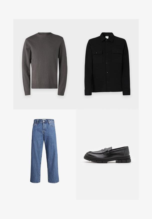 Samsøe Samsøe SYLLI CREW NECK - Pulover - volcanic ash; Cămașă neagră cu nasturi, realizată dintr-un material neted, având două buzunare pe piept, guler tip point și manșete cu nasture. Design simplu, cu detalii minime.; Jeanși din denim de un albastru deschis, cu un design drept, talie înaltă și detalii de cusătură minime. Materialul are o textură moale, ușor decolorată.; Loaferi din piele neagră cu un finisaj neted, având un detaliu cu bretea frontală și o talpă din cauciuc masivă cu accente striate.