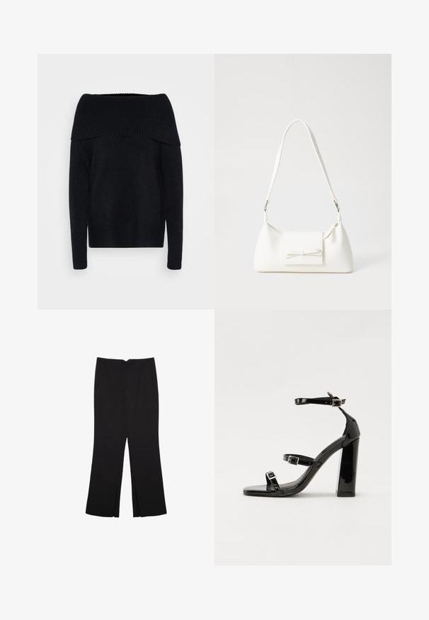 Schwarzer, schulterfreier Pullover mit Rippstruktur am Ausschnitt und an den Bündchen. Lange Ärmel und eine taillierte Passform.; Schwarze Hose mit geradem Schnitt, ausgestattet mit Fronttaschen und Seitenschlitzen am Saum. Hergestellt aus weichem, glattem Stoff. Geeignet für verschiedene Anlässe.; Schwarze patentierte Sandalen mit Absatz, quadratischer Spitze, Knöchelriemen und silbernen Schnallen. Mit einem stabilen Blockabsatz für mehr Stabilität.; Weiße synthetische Handtasche in dreieckiger Form, flache Vorderklappe und Schleifendetail, verstellbarer Trageriemen, glatte Textur und minimalistisches Design.