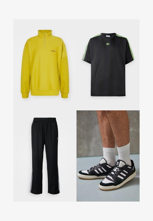 Dzeltena vilnas puloveris ar pus-piedurkni, ribotām aprocēm un izšūtu logo kreisajā krūtī. Gluda tekstūra.; Melnā T-krekls, kas izgatavots no gludas auduma ar apaļu kakla izgriezumu, ar trim zaļām svītrām uz pleciem un mazu zaļu logo uz krūškurvja.; Melni sporta bikses ar elastīgu jostas vietu, kurām ir baltas sānu svītras un neliels logotips. Materiāls izskatās mīksts un viegls.; Melnas un baltas kedas ar zamša un ādas augšdaļu, kas aprīkotas ar trim baltām svītrām, perforētu purngali un gumijas zolēm.