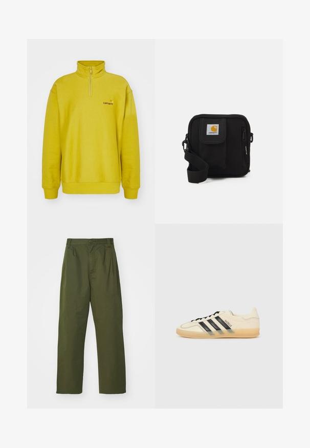 Pull en polaire jaune avec un col zippé à mi-hauteur, des poignets côtelés et un logo brodé sur la poitrine gauche. Texture lisse.; Pantalons verts olive, taille haute avec un design à jambe droite. Fabriqués dans un tissu léger, avec des plis à l'avant et une fermeture à bouton.; Sneaker crème clair avec un design à trois bandes noires, dessus texturé, bout rond et semelle en caoutchouc. Présente des lacets et une marque sur le côté.; Sac bandoulière noir avec un compartiment principal zippé, une poche frontale, une sangle ajustable et un patch logo visible sur le rabat.