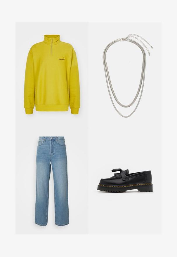 Kollane fliiste kampsun, millel on pooltõmbetuka, soonikkoes varrukas ja brodeeritud logo vasakul rinnal. Sile tekstuur.; Kõrgeltistetud helesinised teksad sirgete jalgadega, ees nööbiga kinnitamine ja viie-tasku stiil pluusil taustal.; Mustmust musta loafer, millel on frantsiisi aktsent, paks must tald ja kollane õmblus servas. Tekstuuriga viimistlus.; Kolmekihiline hõbedane metallkaelakee, mis on valmistatud peentest, paindlikest kettidest kerge läikega, kinnitatud krabi sulguri ja reguleeritava ketiga.