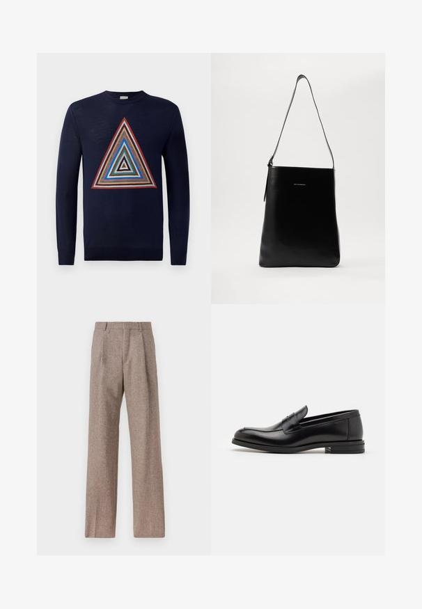 Temno moder pulover z osrednjim večbarvnim trikotnim vzorcem z plastmi rdeče, rjave, modre in smetane. Dolgi rokavi in okrogla izreza.; Rjave hlače z visokim pasom, izdelane iz teksturirane tkanine. Imajo široke noge in dve sprednji pregibi za strukturo. Urejen zaključek brez vidne strojne opreme.; Črne usnjene loafer čevlje z gladko teksturo, zaobljenim nosom in dekorativnim trakom čez zgornji del. Nizka zložena peta, minimalističen dizajn.; Črna usnjena torba za ramo z gladko teksturo, pravokotno obliko in dolgim pasom; vsebuje majhen bel logotip na sredini.