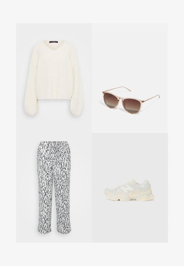 Baltas megztinis su V formos kaklu, ilgomis pūstomis rankovėmis ir tekstūruotu paviršiumi. Trumpas dizainas pabrėžia laisvą, patogų aptaisymą.; Minkšti, lengvi balti kelnės su jūrinės spalvos abstrakčiu raštu. Savybės - elastinga juosmens juosta su raišteliu, leidžiančiu reguliuoti dydį.; Lengvas sportinis batelis su tinklinio ir zomšinės viršutine dalimi švelniu kremo atspalviu, turi masyvų pado dizainą ir trimatį akcentą.; Rudi gradientiniai saulės akiniai su permatomu rožiniu rėmeliu, kvadratinės formos ir plonomis metalinėmis šakėmis. Yra su apvalintais kraštais ir minimaliais dekoratyviniais elementais.