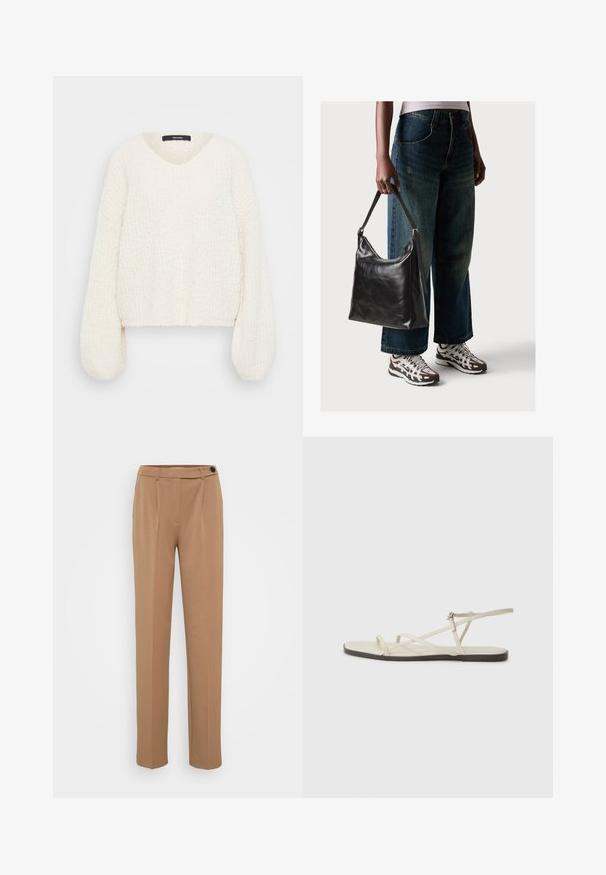 Fehér kötött pulóver V-nyakkal, hosszú puff ujjakkal és texturált felülettel. A rövidített dizájn fokozza a laza, kényelmes illeszkedést.; Barna, egyenes szabású, illeszkedő nadrág, egy gombos záródással és redőzött elülső részlettel. Sima tapintás, minimális stílus.; Beige lapos szandál, amelyet több vékony pánt díszít, és állítható csattal rendelkezik. A talpa lapos, az élein enyhe sötét kontraszttal.; Fekete bőr válltáska sima textúrával és állítható pánttal, melyet elnyűtt, bő szárú farmernadrággal és sportcipőkkel párosítottak.