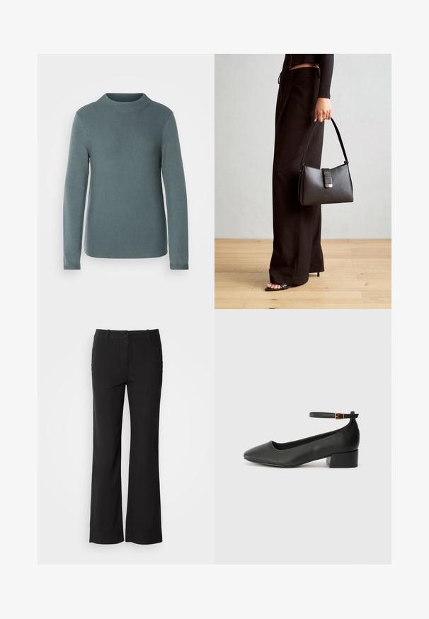 Strickpullover in Teal mit hohem Kragen, langen Ärmeln und strukturierter Oberfläche. Das Design zeichnet sich durch eine lockere Passform und minimale Details aus.; Schwarze Baumwollmischungshose mit geradem Bein, vorderem Knopfverschluss und zwei Seitentaschen. Glatte Textur, keine sichtbaren Muster.; Schwarze Lederpumps mit spitzem Zehenbereich und niedrigem Blockabsatz. Mit einem Knöchelriemen und einer goldfarbenen Schnalle. Glatte Textur.; Schwarze Handtasche mit strukturierter Form, glatter Textur und einem metallischen Verschluss. Kombiniert mit weiten schwarzen Hosen und offenen Sandalen auf einem Holzboden.