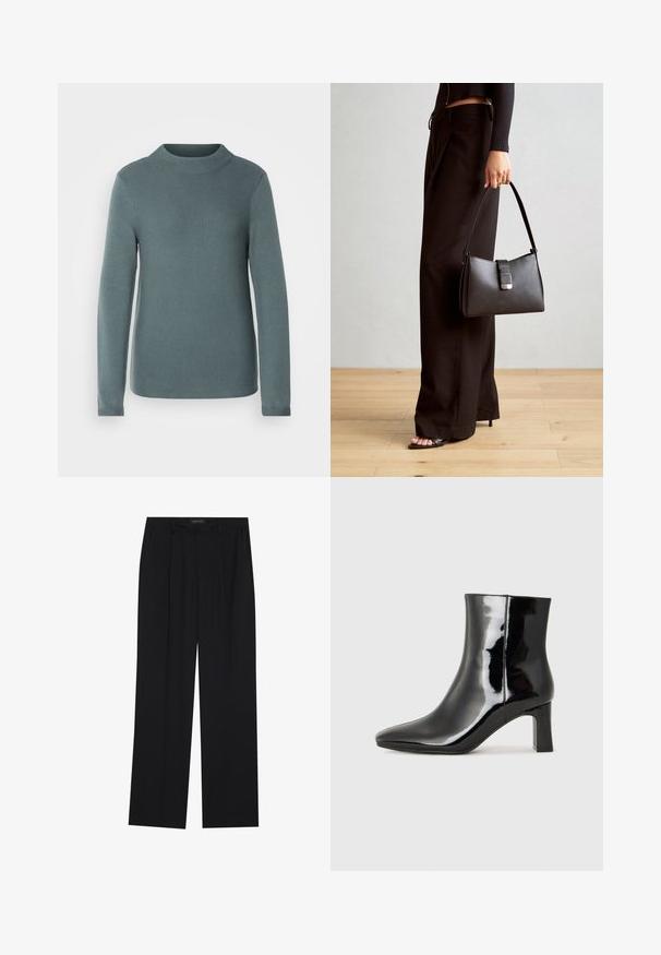 Strickpullover in Teal mit hohem Kragen, langen Ärmeln und strukturierter Oberfläche. Das Design zeichnet sich durch eine lockere Passform und minimale Details aus.; Schwarze Hose mit geradem Bein, ausgestattet mit zwei frontalen Taschen und einem Taillenbund. Hergestellt aus einem glatten, leichten Stoff.; Schwarzer Lackleder-Stiefelette mit spitzer Zehe und einem mittelhohen Blockabsatz. Glatte Textur und minimalistisches Design.; Schwarze Handtasche mit strukturierter Form, glatter Textur und einem metallischen Verschluss. Kombiniert mit weiten schwarzen Hosen und offenen Sandalen auf einem Holzboden.