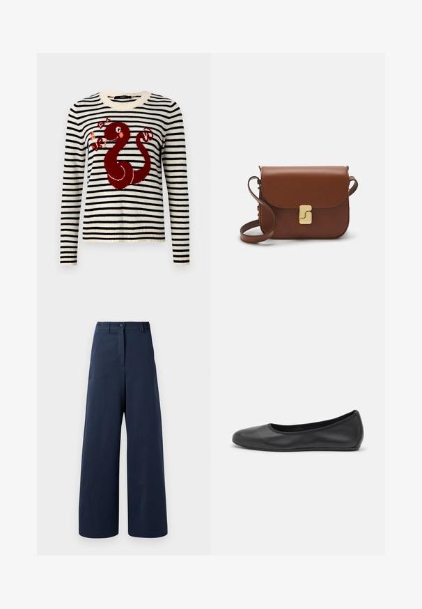 Knitted sweater with horizontal black and ivory stripes, featuring a red snake design with hearts. Round neckline and ribbed cuffs.; Navy wide-leg trousers made of smooth fabric, featuring a high waist with two front buttons, two side pockets, and straight hems.; Black leather ballet flat with a rounded toe, smooth texture, minimal stitching detail, and a flexible sole design.; Brown leather handbag with a flap closure, gold-tone hardware, a shoulder strap, and a smooth texture. Compact rectangular shape.