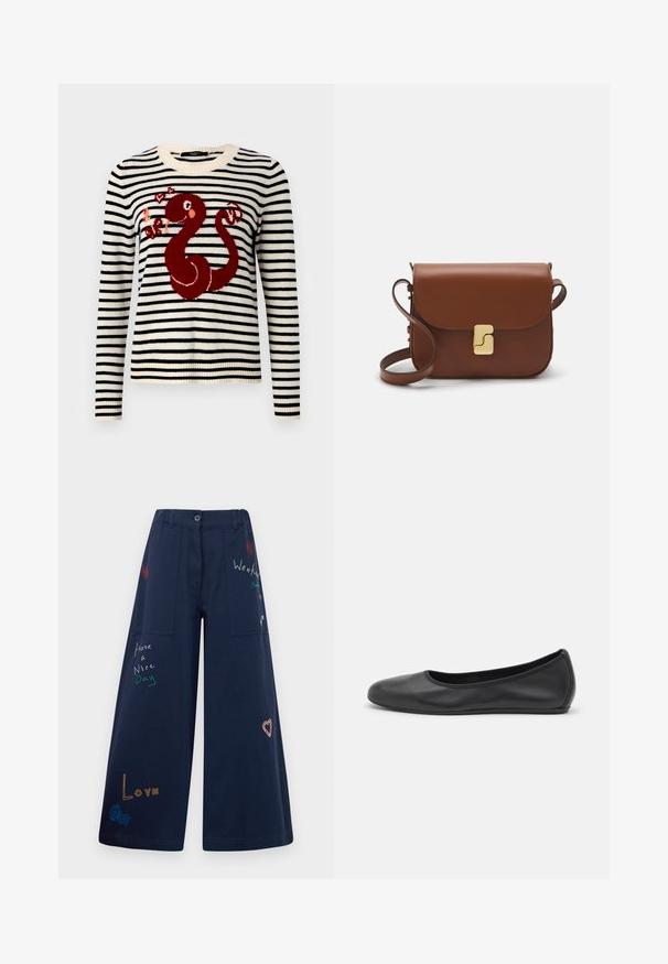 Strickpullover mit horizontalen schwarzen und elfenbeinfarbenen Streifen, mit einem roten Schlangendesign und Herzen. Rundhalsausschnitt und gerippte Bündchen.; Navyblaue weite Baumwollhosen mit mehreren Taschen. Enthält farbenfrohe gestickte Texte und Grafiken, darunter Herzen und verspielte Phrasen.; Schwarze Leder-Ballettschuhe mit abgerundeter Spitze, glatter Textur, minimalen Nähdetails und einem flexiblen Sohlen-Design.; Braune Ledertasche mit Klappenverschluss, Beschlägen in Goldfarbe, einem Schultergurt und einer glatten Oberfläche. Kompakte rechteckige Form.