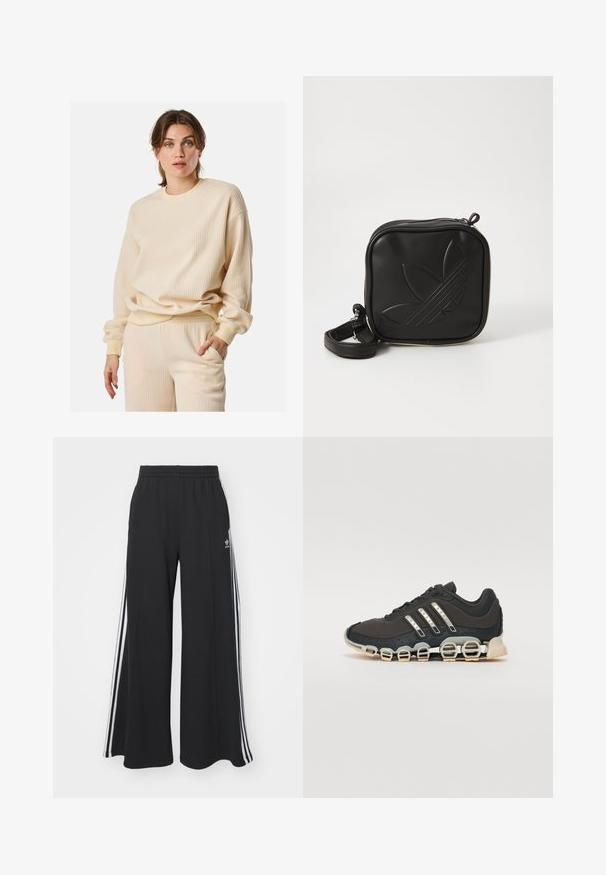 Beige ribbed sweatshirt with long sleeves, rounded neckline, and a relaxed fit. Material appears soft and textured, creating visual interest.; Black wide-leg sweatpants with an elastic waistband, featuring white side stripes and an embroidered logo on the left thigh.; Black athletic shoe with a textured upper, three silver stripes, and a distinctive cushioning sole featuring multiple integrated sections.; Black square crossbody bag made of textured synthetic material. Features an embossed logo design and adjustable strap. Zipper closure.
