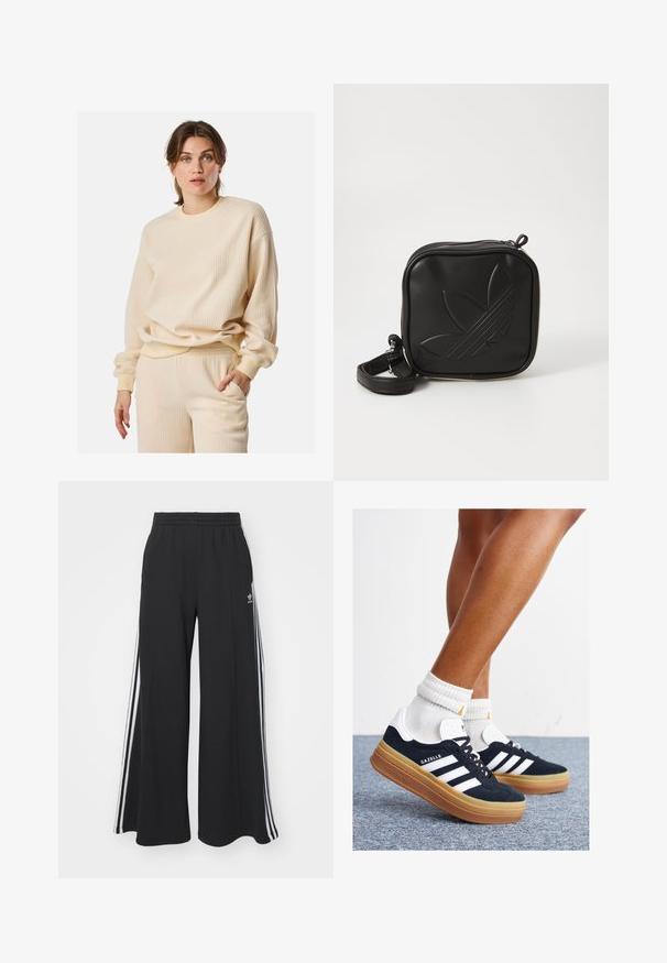 Beige geribde sweatshirt met lange mouwen, ronde hals en een relaxed fit. Het materiaal lijkt zacht en textuur te hebben, wat visuele interesse creëert.; Zwarte wijde sweatpants met een elastische tailleband, met witte zijstrepen en een geborduurd logo op de linker dij.; Zwarte suède sneakers met witte strepen en accenten, ronde neus, gum rubberen buitenzool, gecombineerd met witte geribbelde crewkousen.; Zwarte vierkante crossbody tas van gestructureerd synthetisch materiaal. Met een reliëflogo ontwerp en een verstelbare schouderband. Ritssluiting.