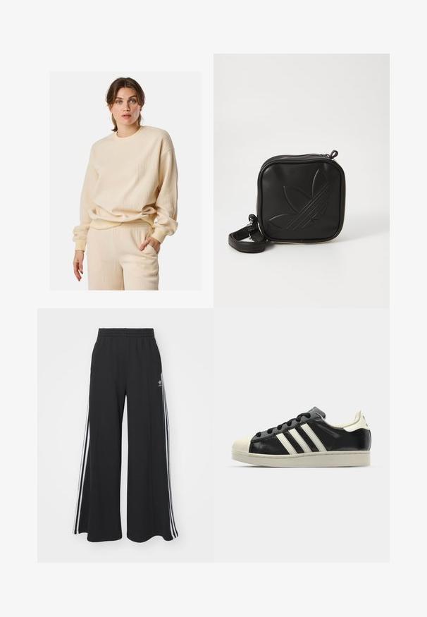 Beige Rippenpullover mit langen Ärmeln, rundem Ausschnitt und lockerer Passform. Das Material wirkt weich und strukturiert, was visuelles Interesse schafft.; Schwarze weite Sweatpants mit elastischem Bund, versehen mit weißen Seitestreifen und einem gestickten Logo auf dem linken Oberschenkel.; Schwarze Ledersneaker mit weißen Streifen, Gummikappe, schwarzen Schnürsenkeln und einer cremefarbenen Sohle. Glatte Textur mit glänzender Oberfläche.; Schwarze Umhängetasche aus strukturiertem synthetischem Material. Verfügt über ein eingeprägtes Logodesign und einen verstellbaren Riemen. Mit Reißverschluss geschlossen.