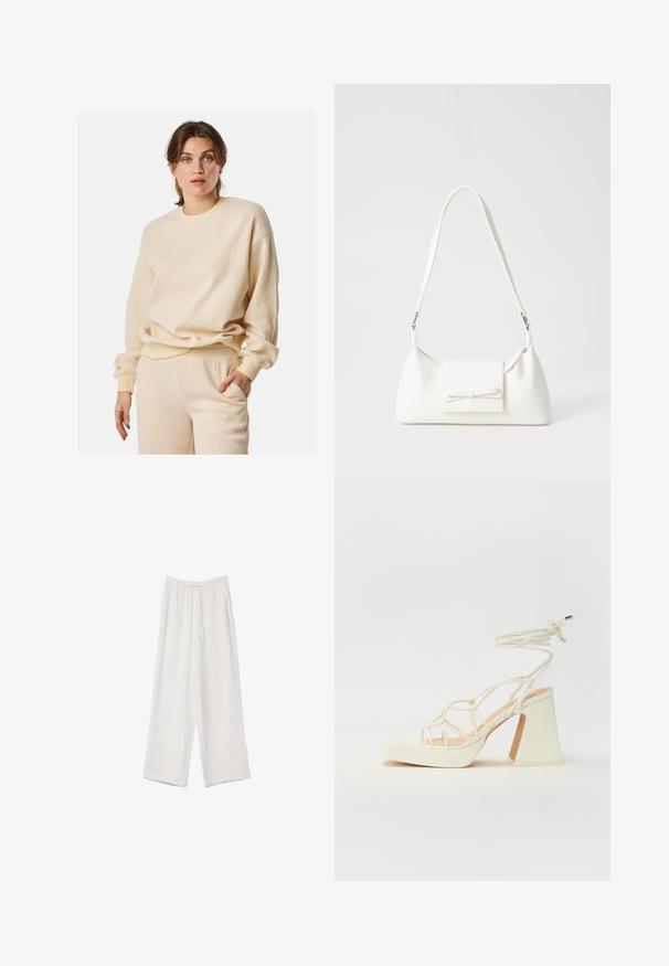 Beżowy sweter z prążkowanej tkaniny, z długimi rękawami, okrągłym dekoltem i luźnym krojem. Materiał wydaje się miękki i teksturowany, co tworzy interesujący wizualnie efekt.; Białe spodnie o szerokich nogawkach wykonane z lekkiego materiału. Posiadają elastyczny pas z sznurkiem i boczne kieszenie. Gładka tekstura.; Biała sandał na wysokim obcasie z masywnym słupkiem, z paskowym wzorem i wiązaniem przy kostce. Gładka faktura z platformą z przodu dla dodatkowej wysokości.; Biała syntetyczna torba o trójkątnym kształcie, płaskim przednim klapce i detalach w postaci kokardy, regulowanym pasku, gładkiej fakturze oraz minimalistycznym designie.