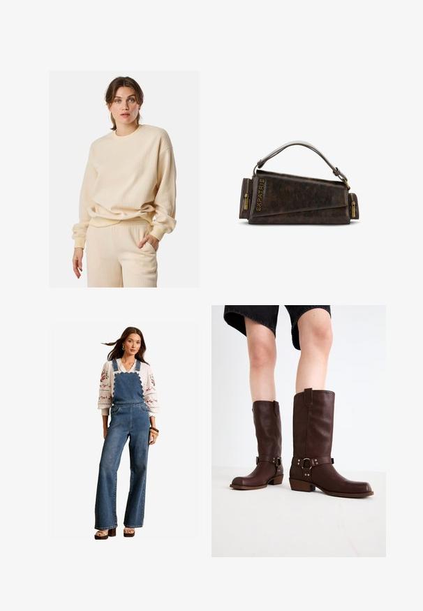 Beige geribde sweatshirt met lange mouwen, ronde hals en een relaxed fit. Het materiaal lijkt zacht en textuur te hebben, wat visuele interesse creëert.; Denim tuinbroeken met een geschulpte rand aan de bib, flared benen en zijzakken. Gecombineerd met een witte geborduurde blouse en houten accessoires.; Bruine leren kniehoge laarzen met een ronde neus, gestructureerd oppervlak, enkelriem en zilveren hardware-detail; opgestapelde hak.; Bruine leren handtas met een geometrisch ontwerp, voorzien van een bovenhandvat en messing ritsaccenten. Logo is aan de zijkant ingebrand.