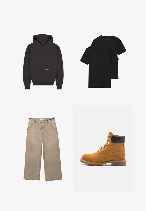 Zwarte sweatshirt met capuchon, voorzak, ribgebreide manchetten en zoom. Gemaakt van soft stof met een label op de zak. Minimalistisch ontwerp.; Twee zwarte katoenen t-shirts met korte mouwen, ronde halslijnen en een gladde textuur, gepresenteerd op elkaar gestapeld.; PULL&BEAR MEGA BAGGY - Baggy jeans - light grey; Tan suède enkelboot met zwart gevoerd kraagje, gouden metalen oogjes, witte stikdetails en een robuuste rubberen zool met uitgesproken profiel.