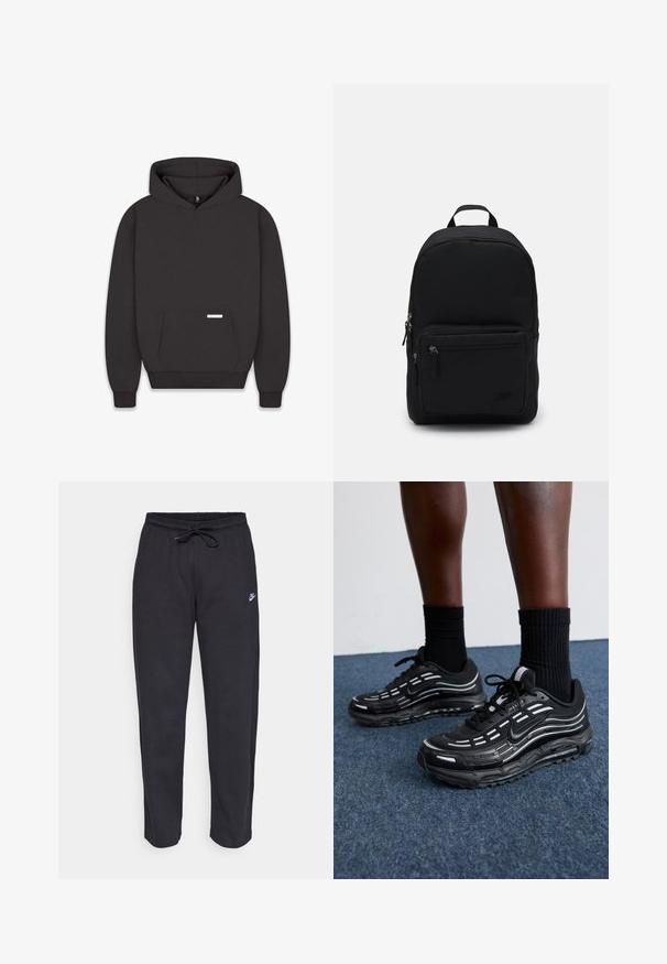 Mustaga kapuutsiga dressipluus, ees koti ja soonikkoes cuffs ja alläär. Valmistatud pehmest kangast, kotil on silt. Minimalistlik disain.; Mustad mustad, pehmest kangast, elastse vöökoha, nööriga ja väikese Nike logo'ga vasakul reiel.; Mustad mustad Nike'i jalanõud on varustatud võrkstruktuuriga pealispinna, aktsenttriipude, tekstuuritud paelte ja musta kummist tallaga. Kannan mustade ribakudumiste sokkidega.; Must tume mustri kangast, millel on ümar kuju, eesmine tõmblukuga tasku ja kaks tõmblukuga jaotust. Ees väike logo aktsent.