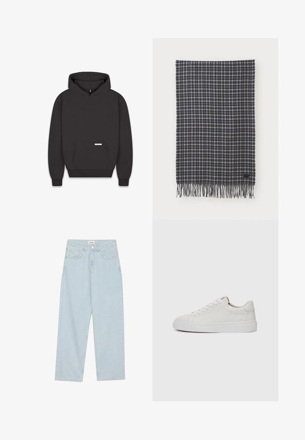 Čierna mikina s kapucňou, prednou vreckom, rebrovanými manžetami a lemom. Vyrobená z mäkkého materiálu s etiketou na vrecku. Minimalistický dizajn.; Svetlomodré široké džínsy vyrobené z denimu, s polovičným pásom, piatimi vreckami a zapínaním na gombík s úzkym kovovým detailom.; Biele kožené tenisky nízkoprofilového strihu s okrúhlou špičkou, plochou bielou gumovou podrážkou a minimalistickými detailmi šitia. Šnúrky zaistené cez šesť očiek.; Tkaný vlnený šál v tmavom námorníckom a krémovom kockovanom vzore, s strapcami na okrajoch a malou čiernou značkou ako akcentom. Mäkká textúra a obdĺžnikový tvar.