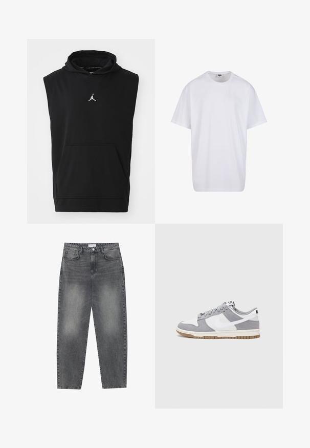 Črna brezrokavna jopa s kapuco iz bombažnega blaga, z sprednjim žepom in belim Jumpman logotipom na prsih. Gladek otip, priložnostna zasnova.; Bela bombažna majica s kratkimi rokavi, okroglim izrezom, sproščenim krojem in brez vidnih logotipov ali vzorcev. Gladka tekstura in minimalen dizajn.; Visoko pasovi, široke kavbojke iz obledelog črnega denima. Imajo pet žepov, zanke za pas in čisto, ravno obliko nog. ; Sive in bele teniske s suknim in usnjem zgornjim delom, zaobljenim nosom, ravnimi vezalkami in gumijastim podplatom z dodatkom gumijaste barve.