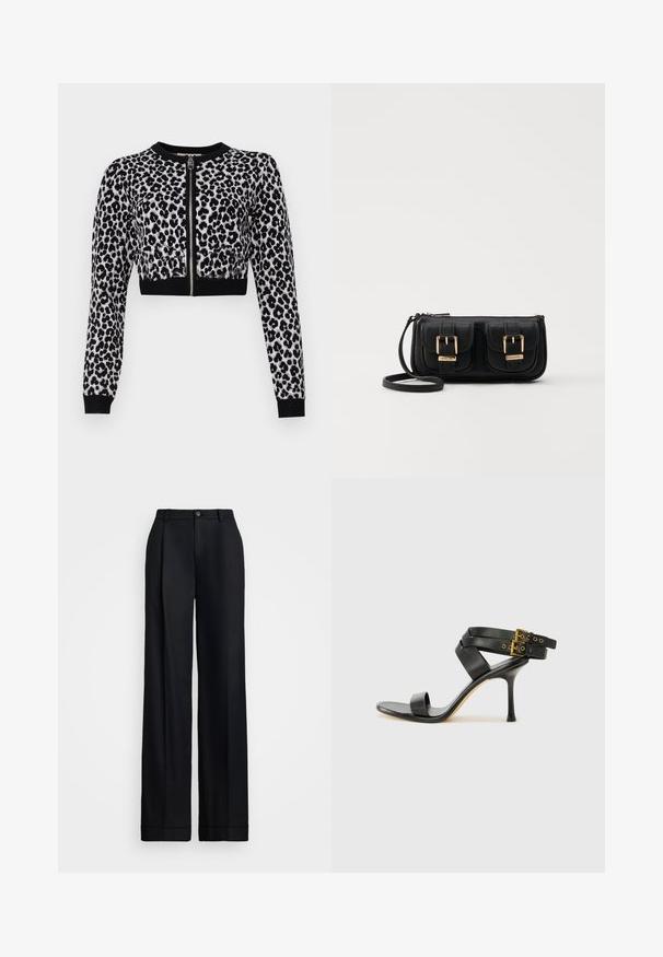 Lühendatud must ja hall leopardimustriga kardigan pikkade varrukatega, ees lukuga ja mustade soonikvarrukatega. Pehme, tekstuuriga kudum.; Mustad laiad püksid mustas värvuses, millel on sile viimistlus, lame esiosa, vöökohas vöölõngad ja ühekordne nööp sulgemiseks.; Mustad mustand koos ristatud rihmade ja reguleeritava pandlaga. Omab siledat tekstuuri ja kitsenevat stiletto kontsa.; Must küllastamata nahast õlakott, millel on kaks esist nähtavat taskut, kuldsed pandlad, tõmblukuga sulgemine ja peen rihm. Tekstuuriga pind ja kompaktne ristkülikukujuline kuju.