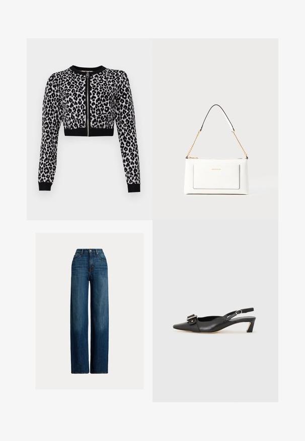 Kuttet svart og grå leopardmønstret cardigan med lange ermer, frontglidelås og svarte ribbede mansjetter. Mykt, teksturert strikket stoff.; Bredde ben denimjeans i mørkeblå. Har høy midje, knapplukking og klassisk fem-lommers design. Glatt tekstur med subtile falminger.; Svarte skinn slingback-sko med spiss tå, liten hæl og dekorativ spenne-detalj på overdelen. Glatt tekstur, minimalistisk design.; Hvit lærveske med teksturert overflate, utstyrt med gullkjede for å bære over skulderen og svarte detaljer. Inkluderer en frontlomme og glidelås.