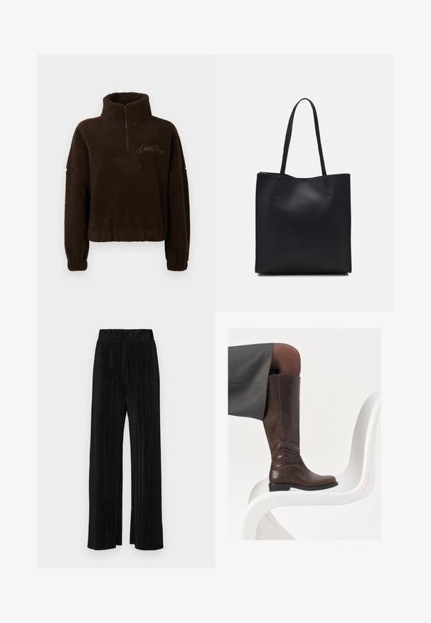 Dark brown fleece pullover with half-zip, high collar, long sleeves, elastic cuffs, and embroidered text on the upper left chest.; Black pleated trousers with an elastic waistband. Features wide legs and a smooth, textured fabric with vertical stripes.; Brown leather knee-high boot with a rounded toe, smooth texture, and minimal stitching details, set against a light background on a white chair.; Black leather tote bag with smooth texture, rectangular shape, and two long handles. No visible hardware or embellishments.
