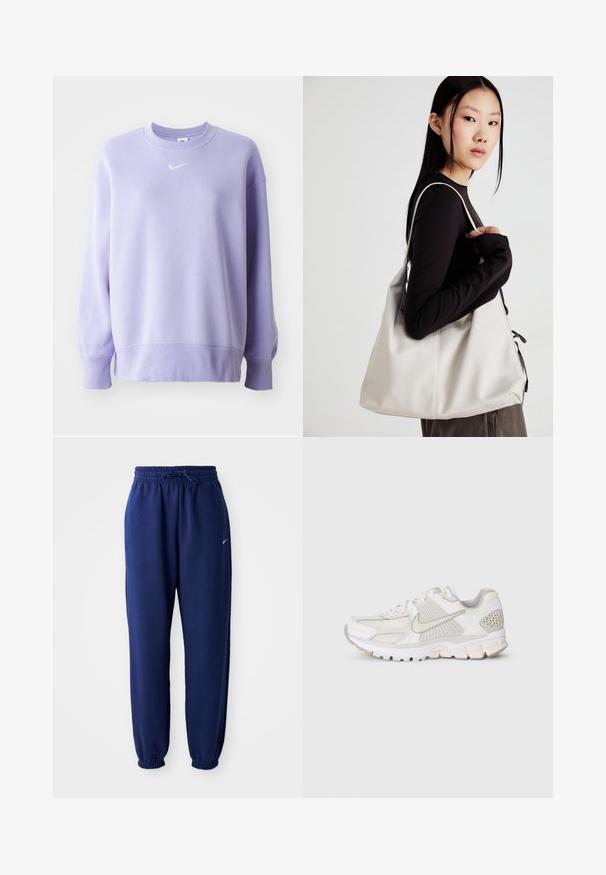Sweatshirt roxo da Nike com punhos e bainha canelados, apresentando um pequeno logótipo branco no peito. Tecido suave, corte descontraído, gola redonda.; Calças de fato de treino azul marinho feitas de um tecido suave, com uma cintura elástica com cordão, punhos elásticos e um pequeno logótipo branco.; Sapatilha atlética branca com materiais em malha e sintéticos. Apresenta um design texturizado, colarinho almofadado e acentos geométricos no calcanhar.; Uma bolsa bege feita de material macio, com um design descontraído, detalhes de costura e duas alças para o ombro. Adequada para uso diário.