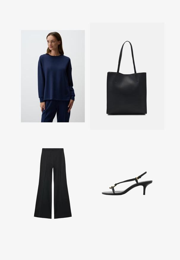 Navyblauwe sweatshirt van zacht materiaal met lange mouwen, een ronde hals en een losse pasvorm. Gecombineerd met bijpassende broek.; Zwarte wijde-pijpen broek met een gladde textuur, gekenmerkt door voorplooien en een op maat gemaakte uitstraling. De stof is lichtgewicht en vloeiend.; Zwarte leren kitten heel sandaal met dunne banden, gouden gesp en minimalistische teenlus op een witte achtergrond.; Zwarte leren handtas met een gladde textuur, rechthoekige vorm en twee lange handvaten. Geen zichtbare hardware of versieringen.