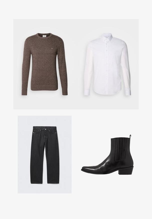 Brauner Rundhalsausschnitt-Pullover aus weichem Strickmaterial, mit langen Ärmeln und kleinem Logo auf der Brust. Gleichmäßige Textur im gesamten Kleidungsstück.; Weißes Langarm-Hemd aus Baumwolle, mit klassischem Kragen, vorderen Knöpfen und minimalen Nähdetails.; Schwarze Denim-Jeans im geraden Schnitt mit Knopfverschluss, fünf Taschen und kupferfarbenen Hardware-Elementen. Glatte Textur.; Schwarze Leder- ankle boot mit spitzem Zehenbereich, elastischen Seitenpaneelen, vertikalen Steppnähten und einem niedrigen Blockabsatz.