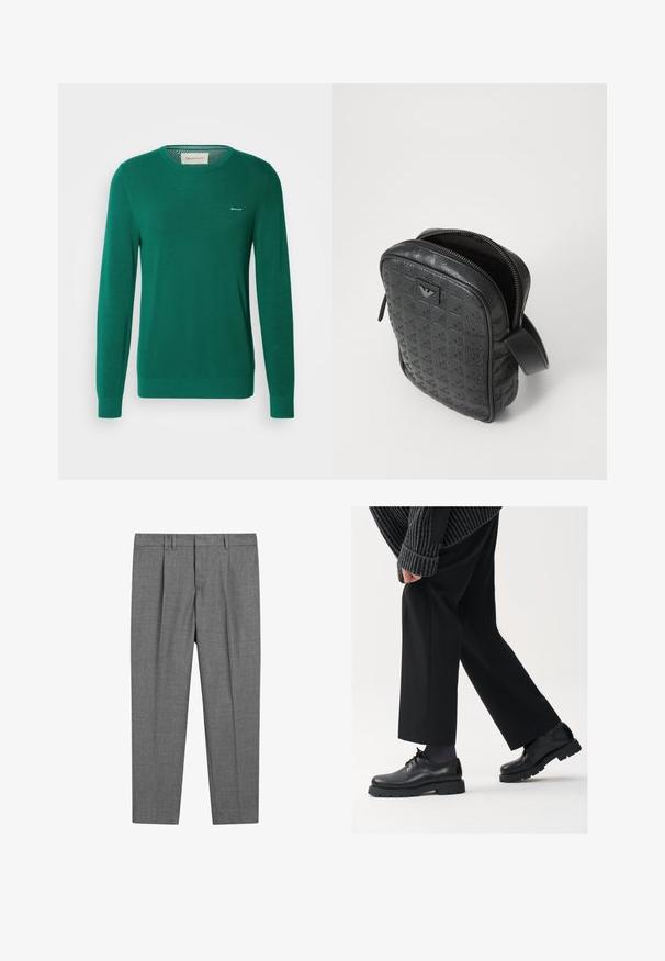 Maglione verde a maglia con maniche lunghe, collo a giro e motivo testurizzato. Presenta un piccolo logo bianco sul petto sinistro.; T-shirt in cotone nero con collo rotondo classico, maniche corte e vestibilità rilassata. Tessuto morbido, senza fantasie o decorazioni.; Pantaloni grigi su misura con un tessuto strutturato, dotati di fronte piatto, gambe con pieghe, passanti per cintura e vita standard.; Scarpe in pelle nera con punta arrotondata, design con lacci e suola spessa e texture. Indossate con pantaloni neri su misura e un maglione a coste.; Borsa nera in pelle testurizzata con un motivo geometrico, forma rettangolare, cerniera superiore e manico corto. Presenta un'etichetta del logo sul davanti.; Orologio Timex con quadrante argentato, indici neri e cassa in acciaio. Presenta un cinturino in pelle nera texture. Design semplice ed elegante.