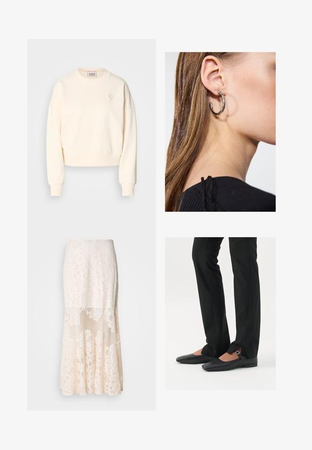 Felpa cropped color crema con scollatura rotonda, polsini a coste e un delicato logo ricamato sul petto. Tessuto morbido.; Gonna midi in pizzo floreale color crema; presenta un design a strati con sezioni trasparenti, pizzo testurizzato e un orlo svasato.; Ballerine in pelle nera con punta appuntita, cinturino con fibbia in argento, abbinate a pantaloni neri su misura con orlo a spacco.; Orecchino a cerchio in argento con finitura lucida, caratterizzato da piccoli dettagli in oro e una forma tondeggiante, indossato sul lobo.